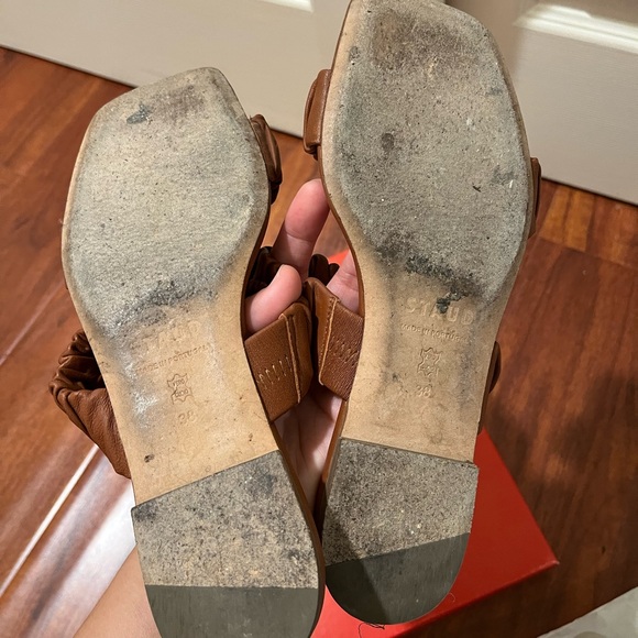 Used Staud Maya Ruched Leather Slides in Tan - Picture 6 of 10